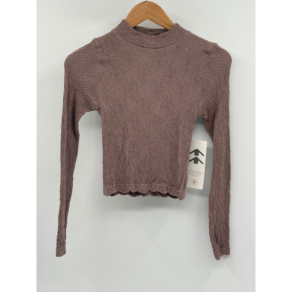 Aura Top Crop Mock Neck Long Sleeve Lettuce Fitted Beige Brown Women Medium New